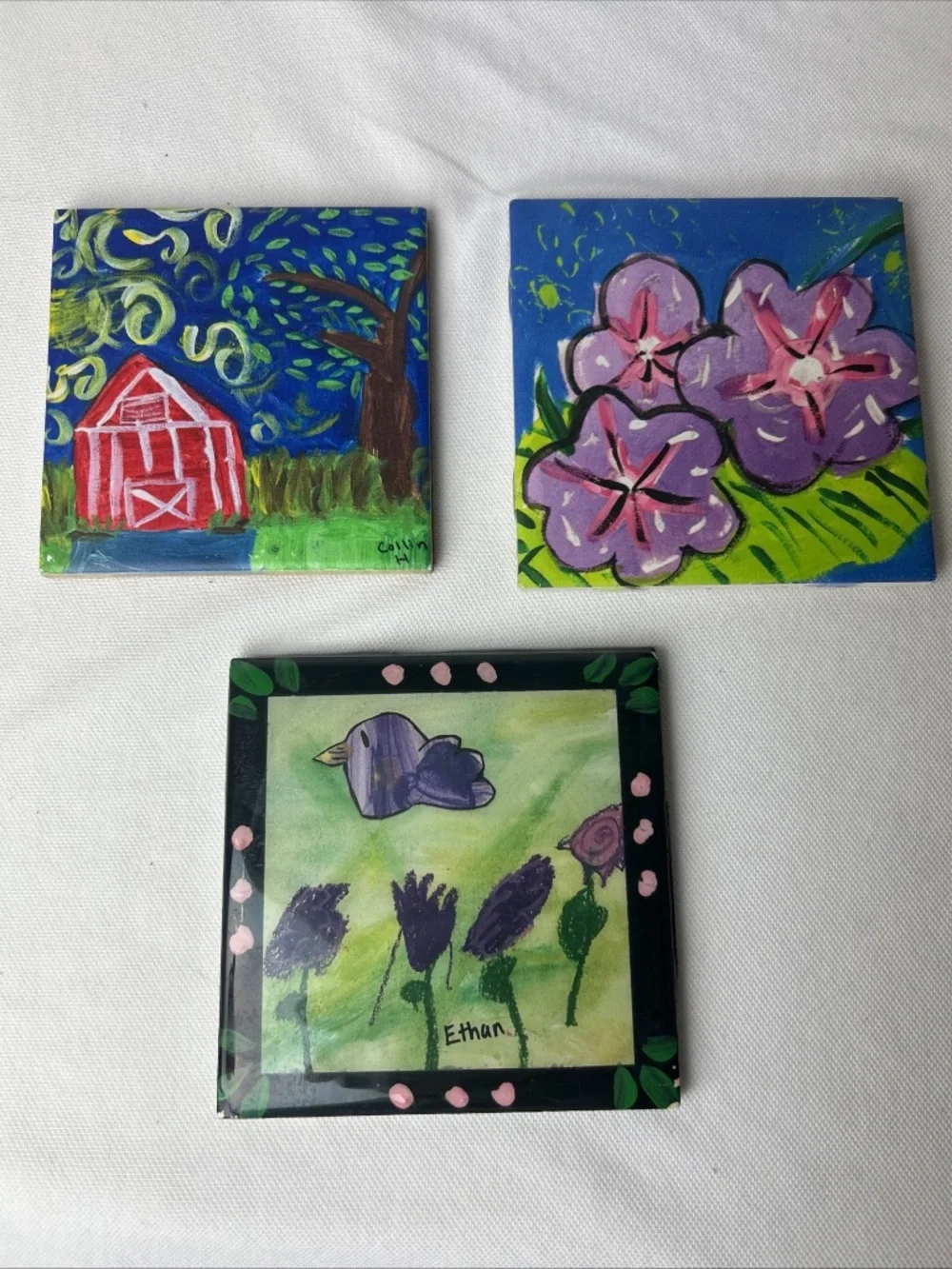 3Pcs Ceramic Tile Art Trivet Coaster Handpainted Artisan Whimsy Decor 4x4